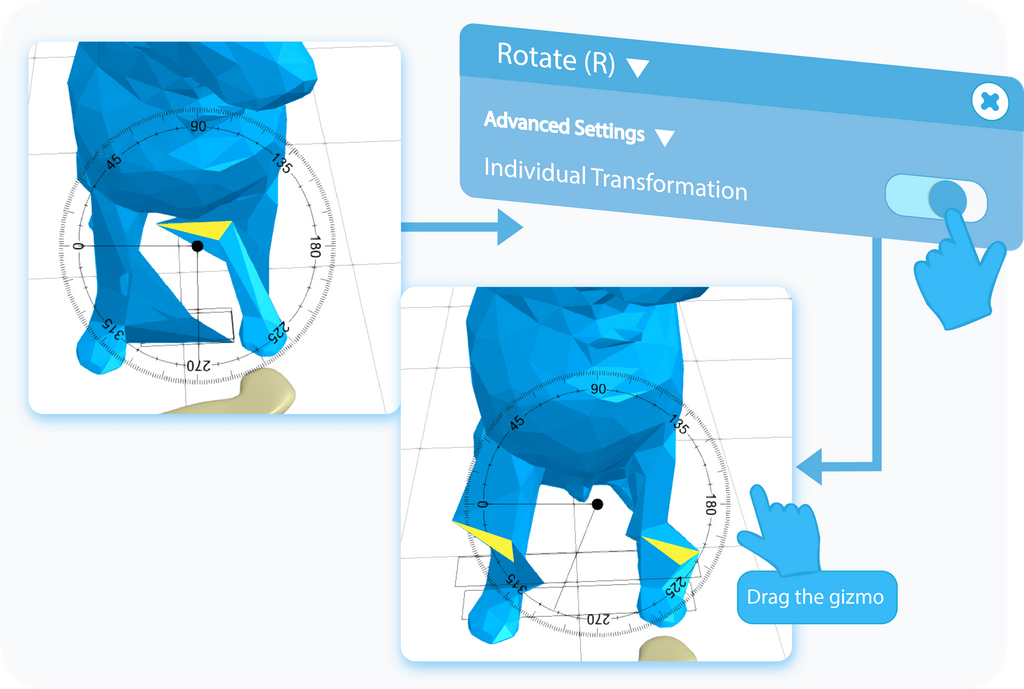 Toggle to enable the Individual Transformation setting of the Rotate tool