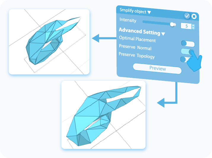 Toggle to enable the Preserve Normal option in the Advanced Settings of the Simplify Object tool